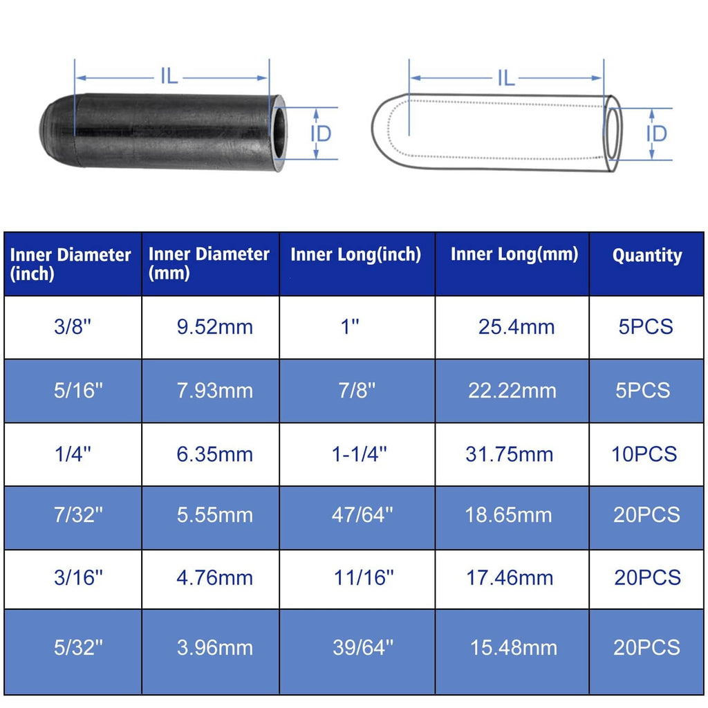 Vacuum cap size chart showing inner diameter, length, and quantity for each size