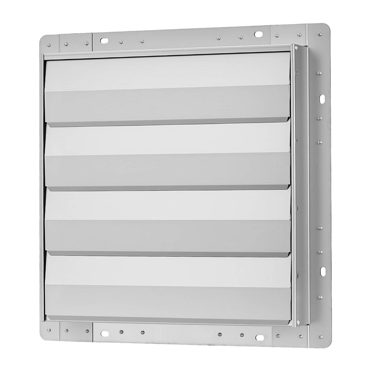 Wall-mounted exhaust fan louver cover with silver steel mounting frame, front view