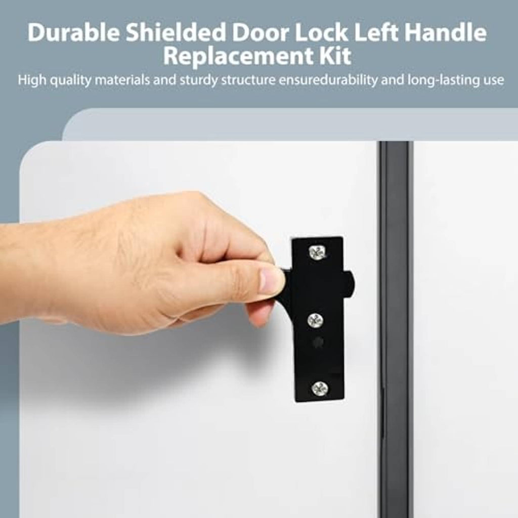 Black RV screen door latch handle replacement kit held near a door latch plate