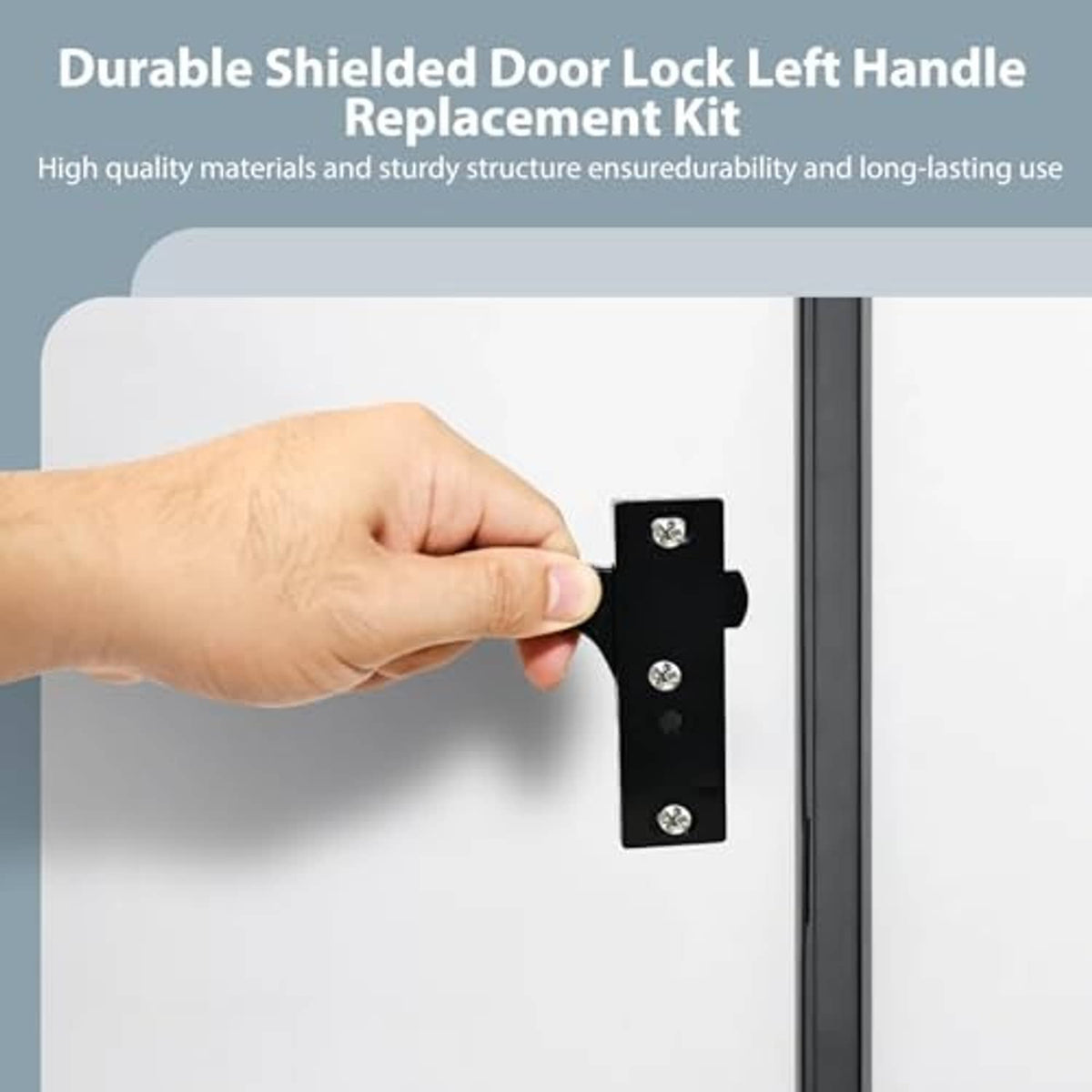 Black RV screen door latch handle replacement kit held near a door latch plate