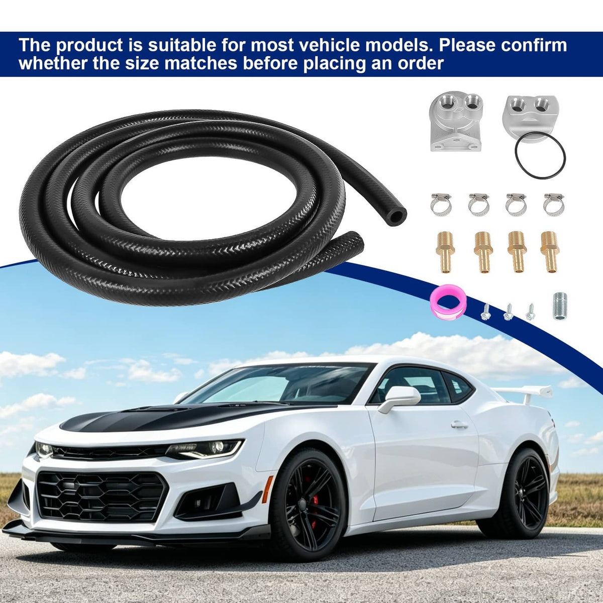 Oil filter kit hose and fittings with 10-ft black rubber hose and metal mounting parts