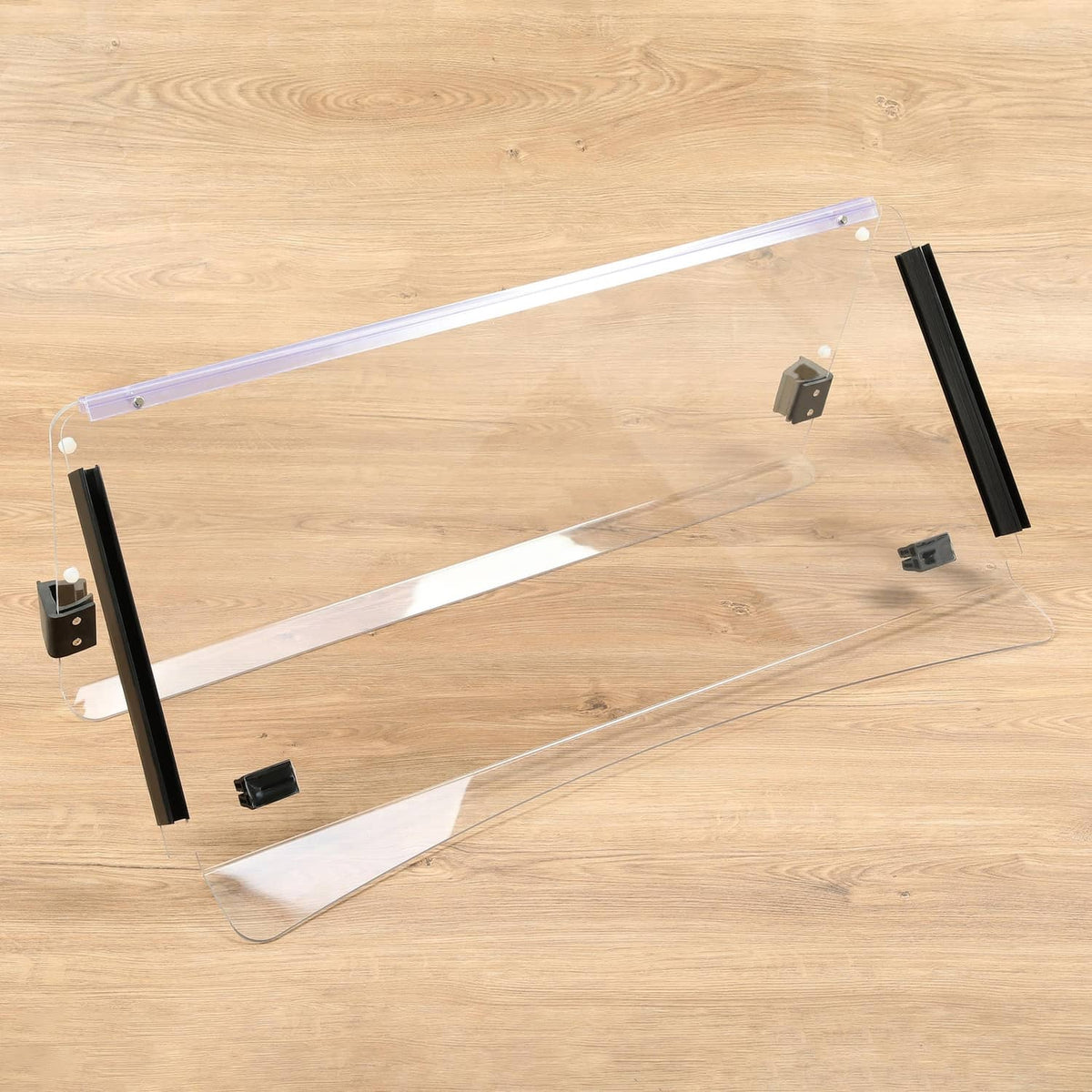 Clear folding windshield frame with purple strut bars and black support brackets