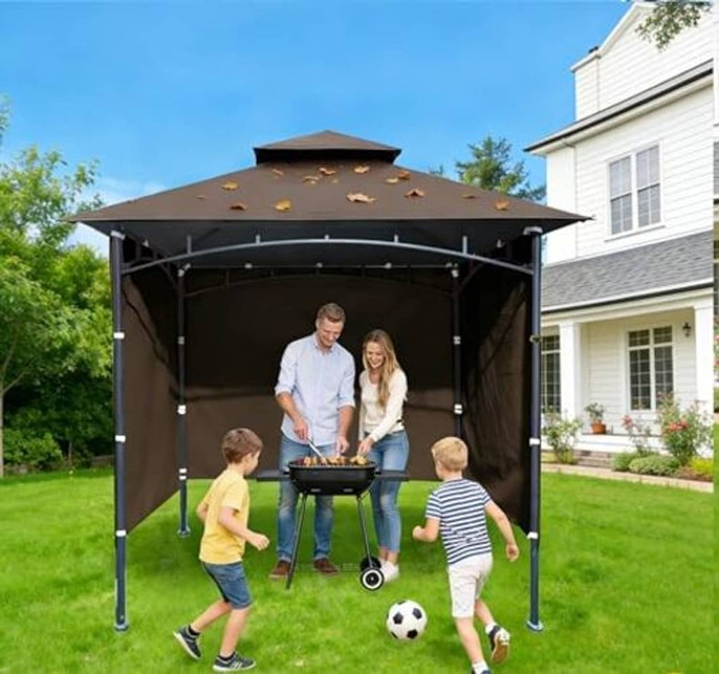 Brown grill gazebo sidewalls installed around grill area, outdoor canopy shelter