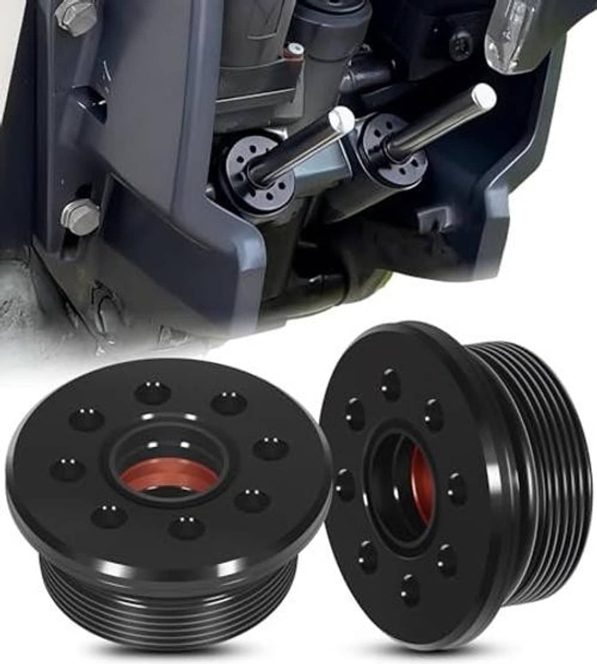Two black outboard trim cap cylinders with seals, front and side views