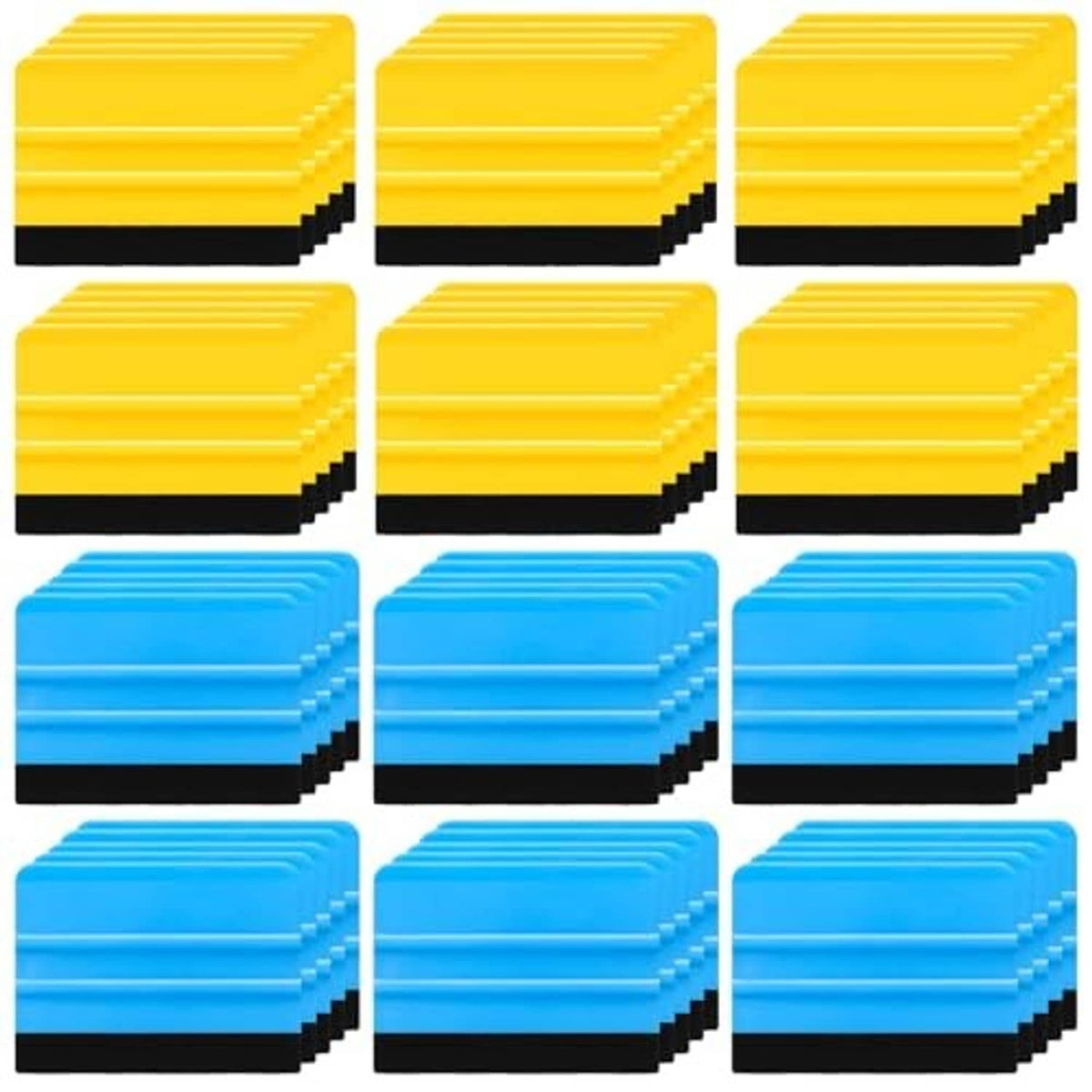 Yellow and blue felt-edge squeegee tools stacked in rows with black rubber blades
