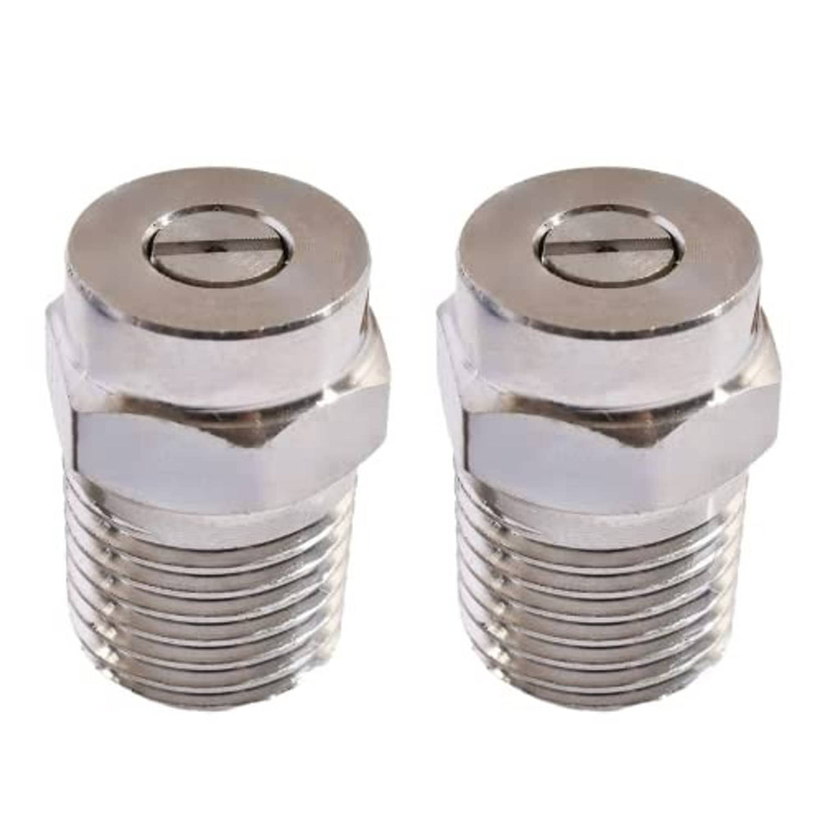 Pair of universal pressure washer threaded spray nozzle tips, shiny silver metal
