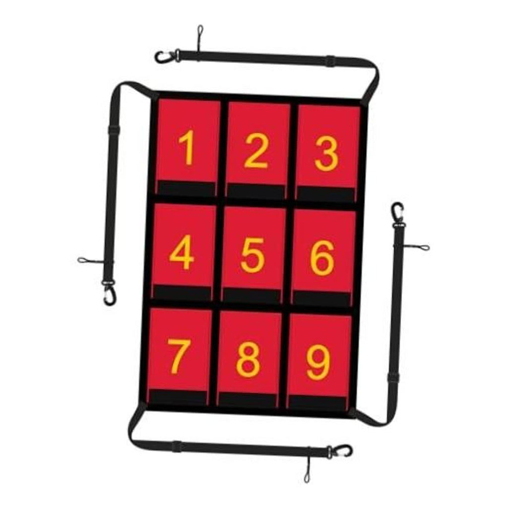 Numbered strike zone target net with red grid and yellow 1–9 squares