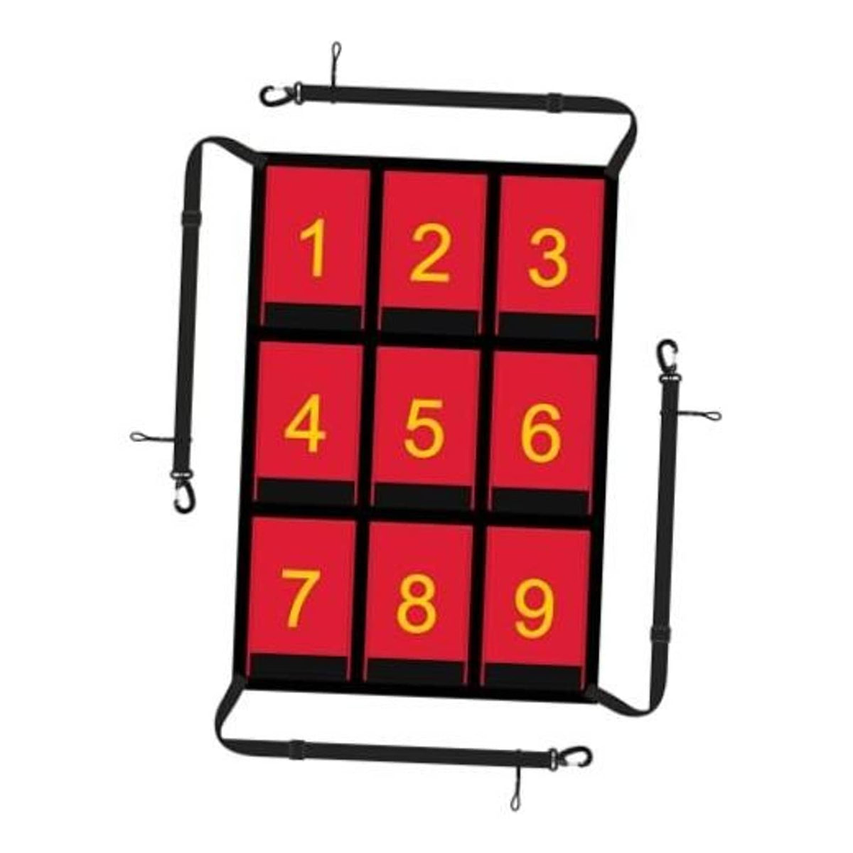 Numbered strike zone target net with red grid and yellow 1–9 squares