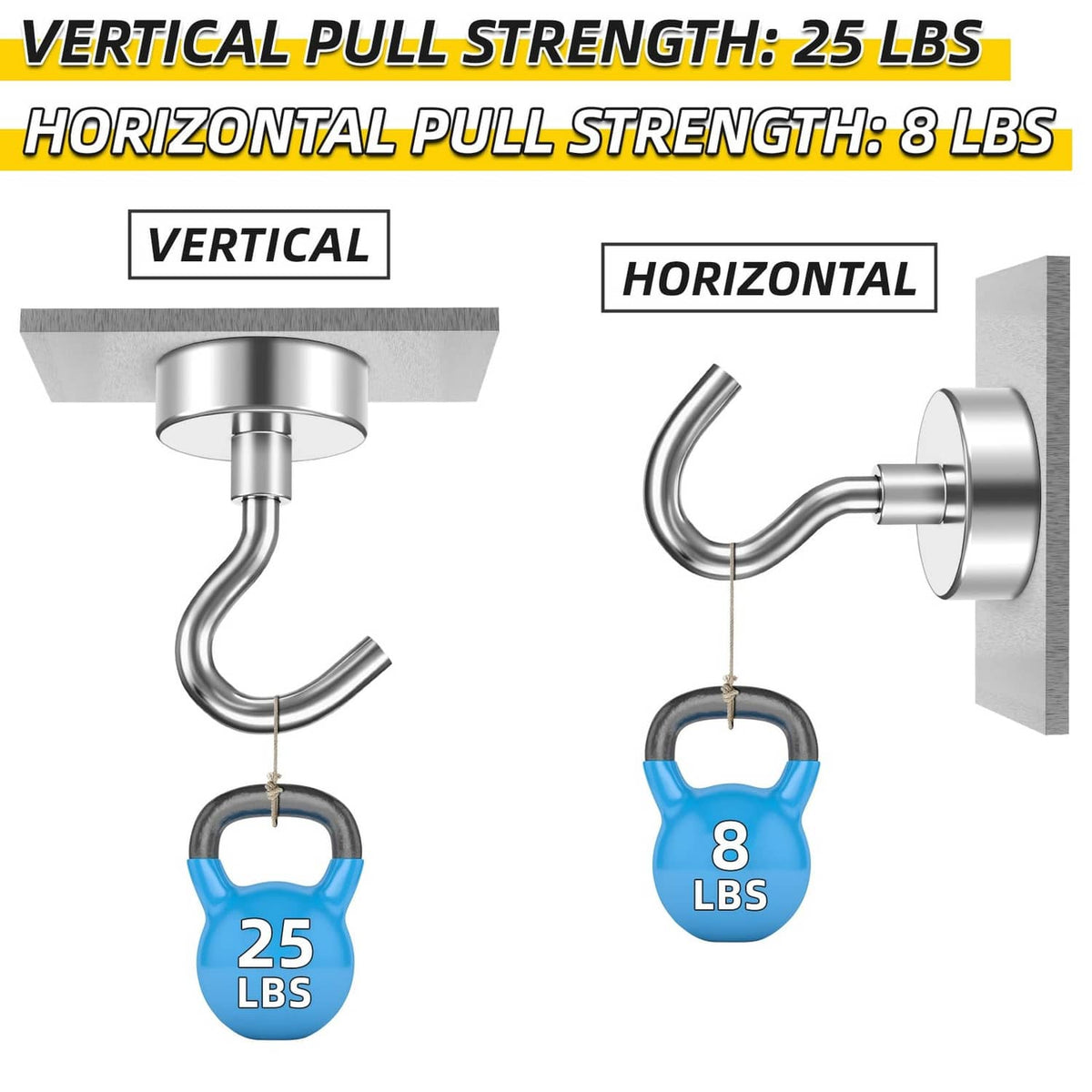 Silver magnetic hooks with curved S shape and round base; strength test view