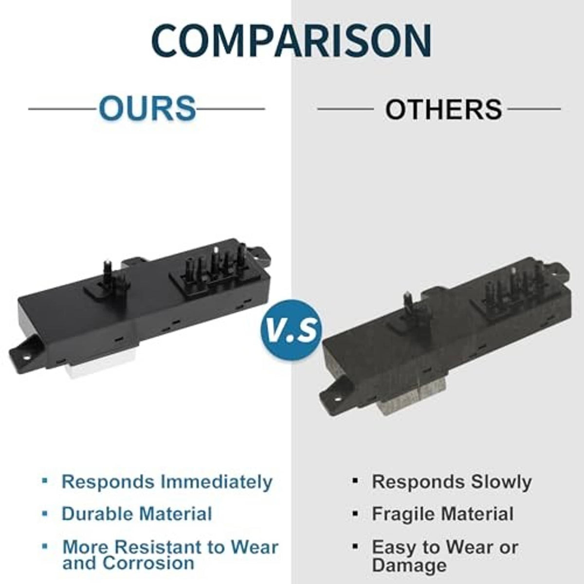 Power seat switch module with multi-pin ports, black housing comparison view