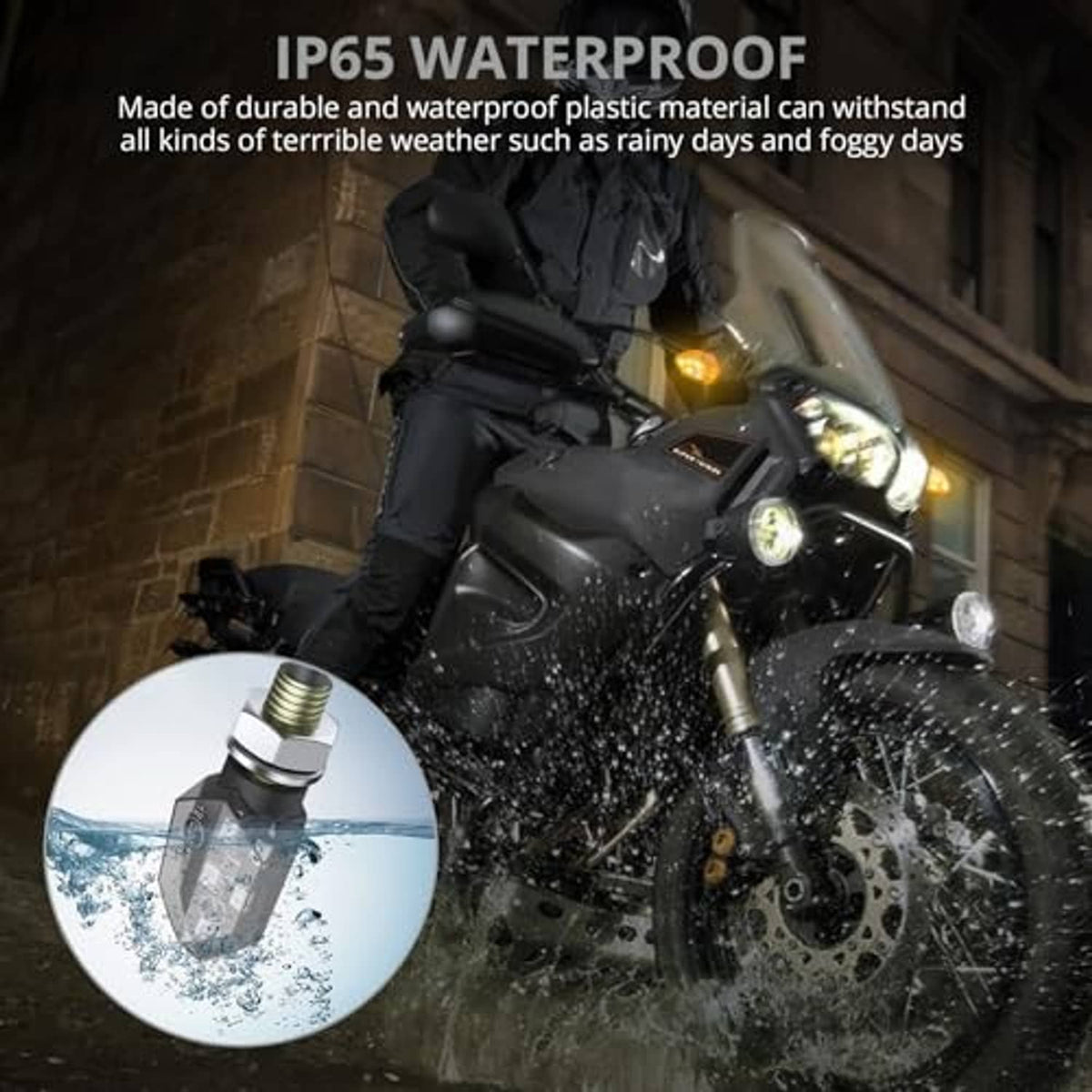 Amber LED motorcycle indicator shown with raindrop splash and black waterproof housing