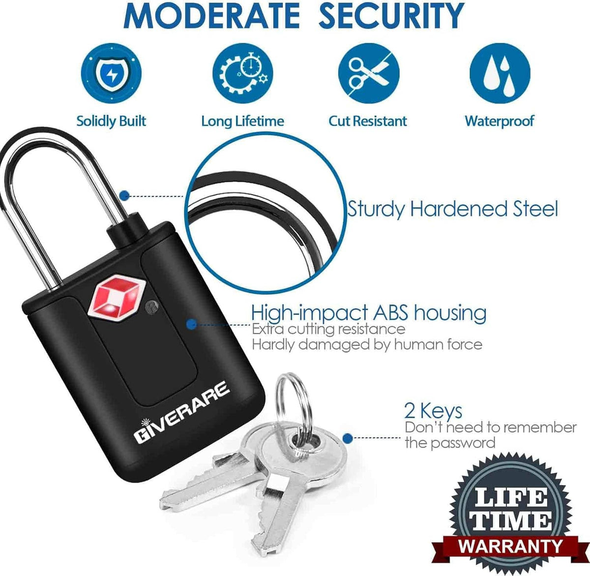Black GIVERARE luggage padlock with chrome shackle and red logo, with two keys