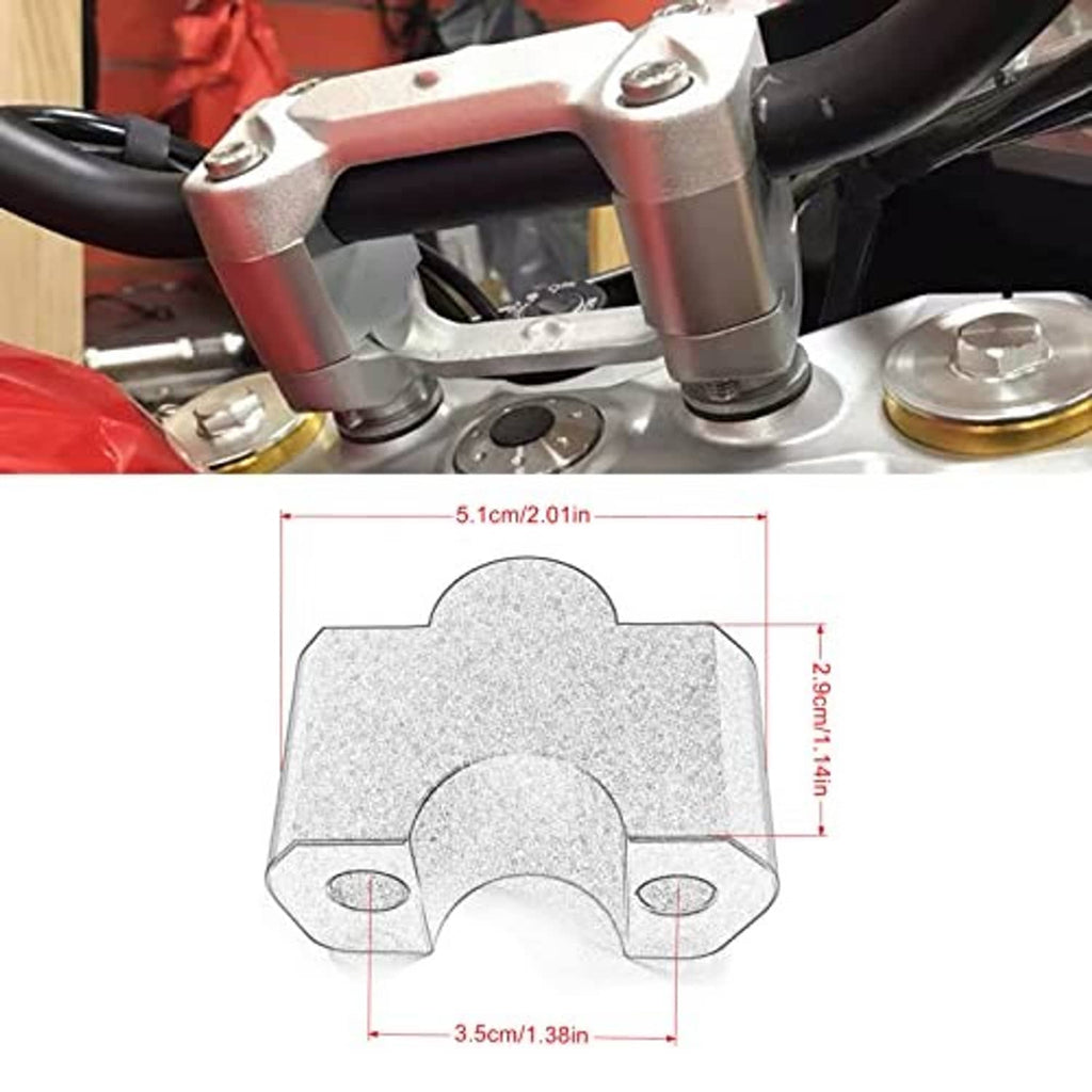 Silver handlebar riser installed on handlebars with size diagram overlay