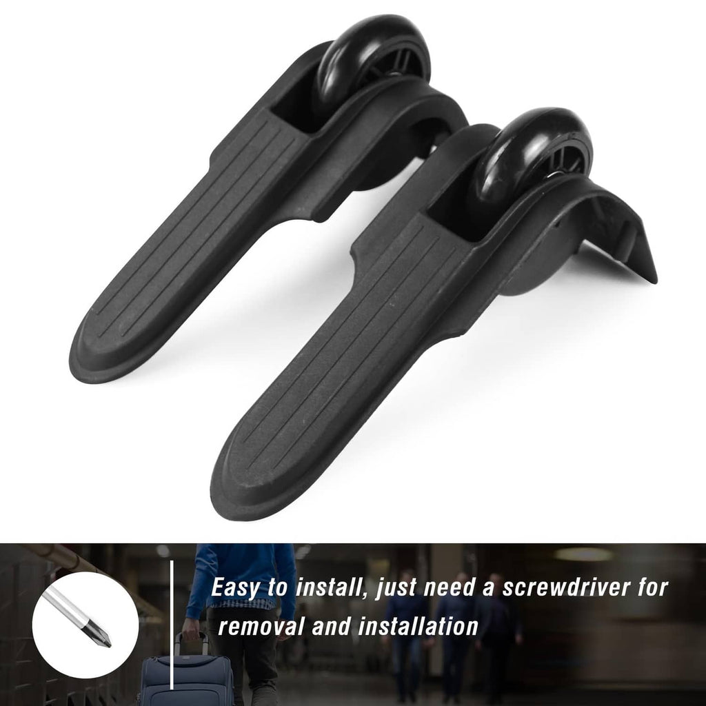 Pair of black rear suitcase wheels with grooved pedal-style foot pads