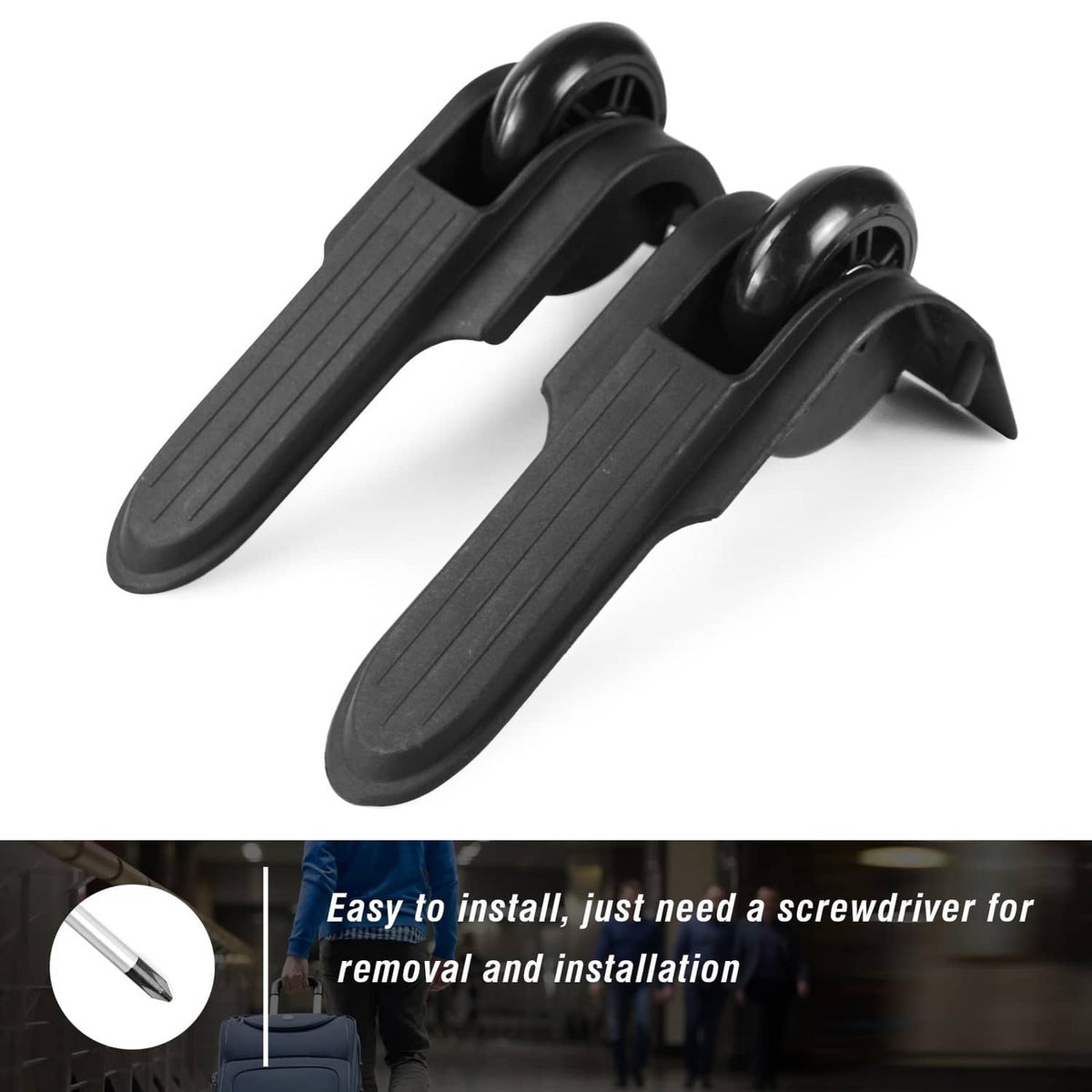 Pair of black rear suitcase wheels with grooved pedal-style foot pads