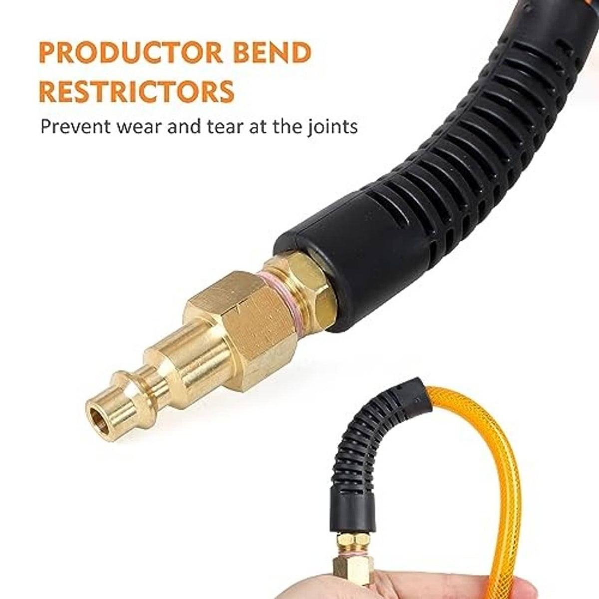 Orange air hose with brass connector and black ribbed end protectors