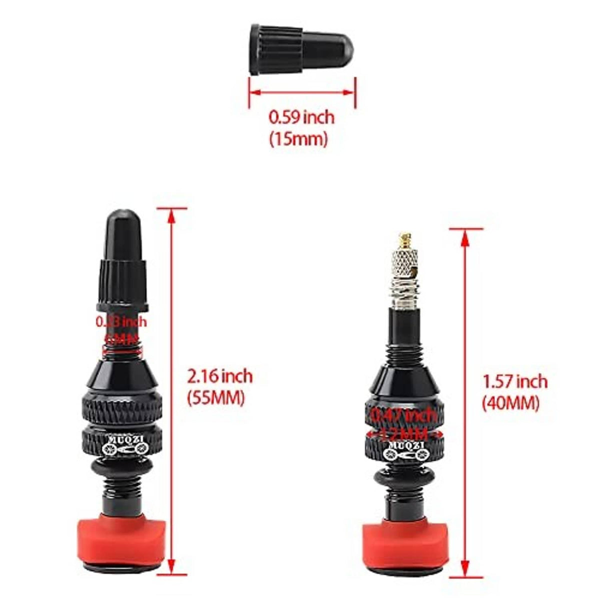 Two Presta valve stems, black with red base; size diagram with measurement arrows