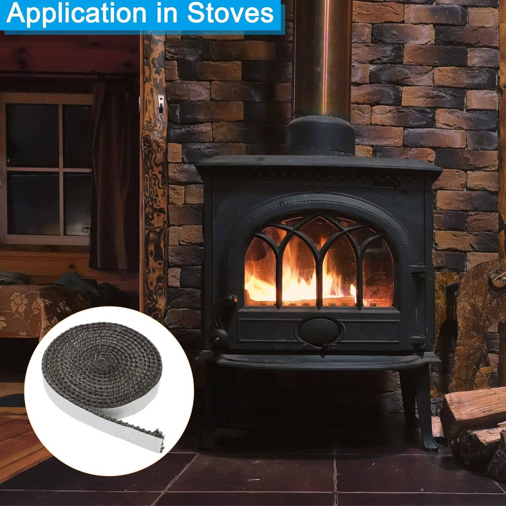 Graphite fiberglass stove gasket puck, dark gray coiled fiber with white edge