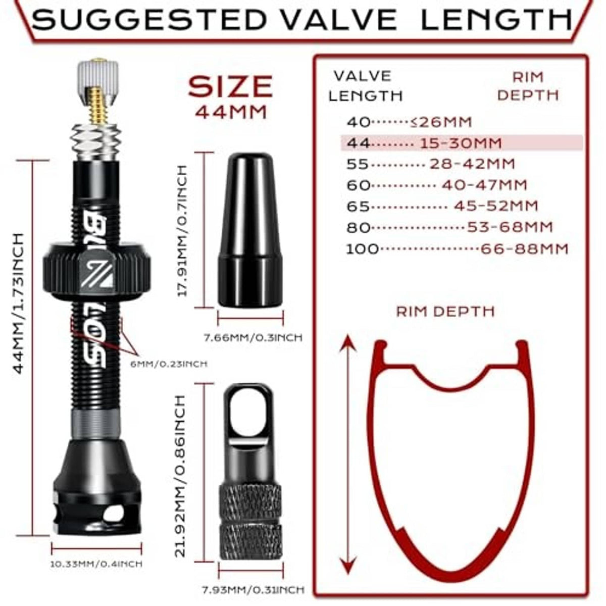 44mm black Presta valve stem with labeled dimensions for rim depth and length