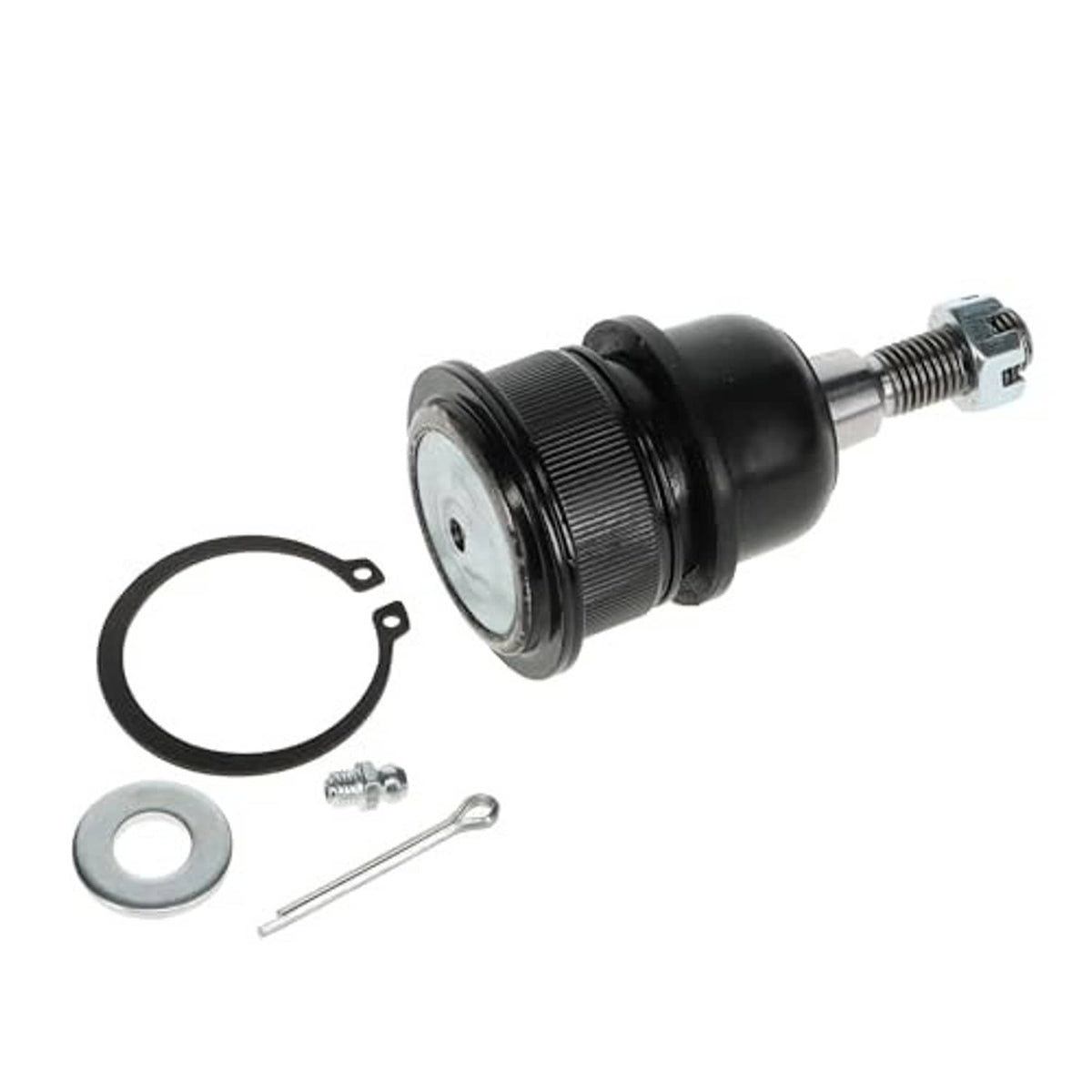 Front upper suspension ball joint with black housing and threaded stud, plus washers and pin