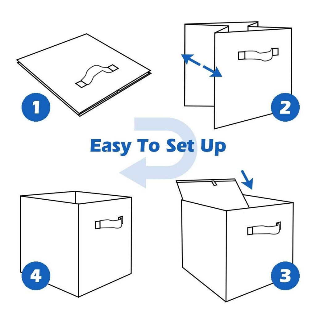 Beige foldable storage cube setup diagram showing unfolding and handles