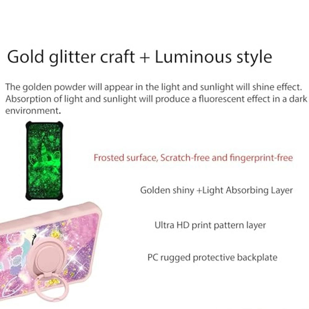Pink glitter phone case with luminous gold sparkle unicorn and flower design
