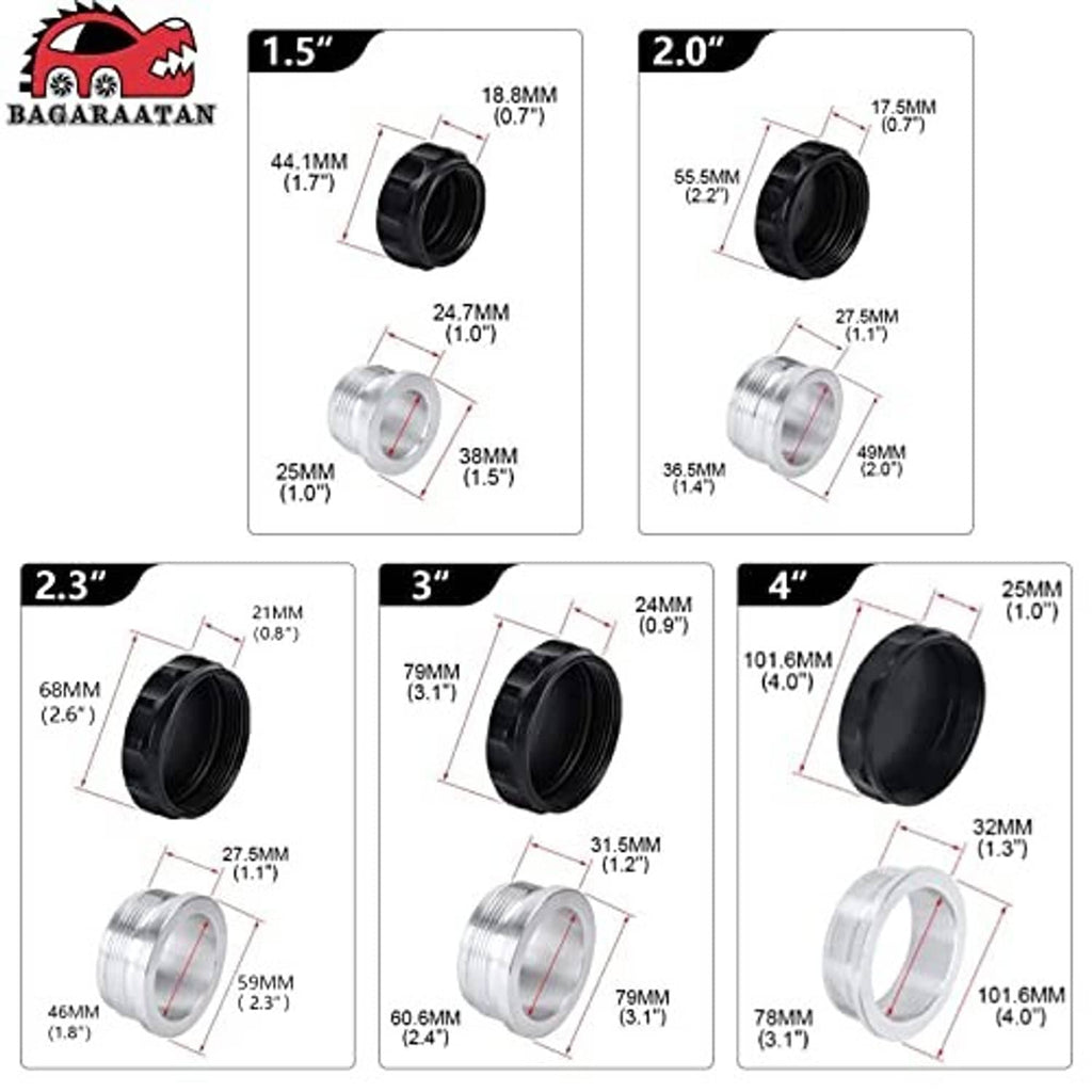 Aluminum filler neck caps with black top and silver base, shown with size variations