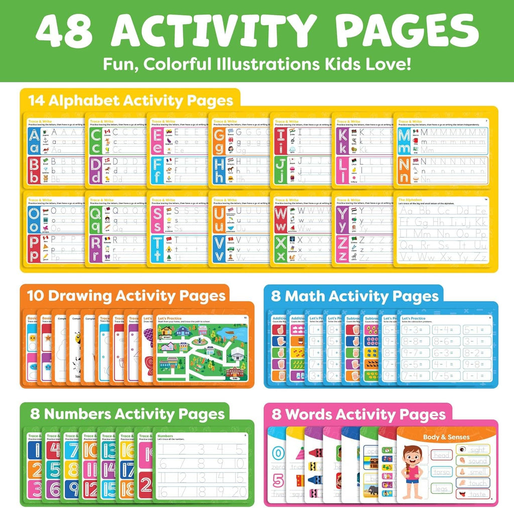 Colorful activity page booklet with alphabet, drawing, math, numbers, and words grids