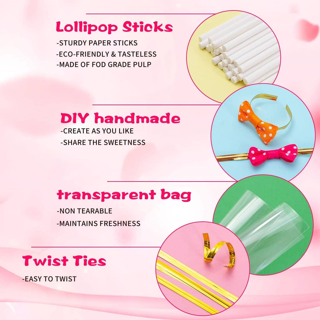 Promotional view of white lollipop sticks in a clear bag with twist ties