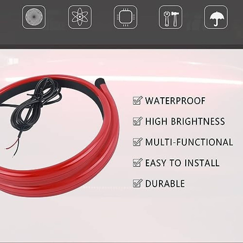 Red LED brake light strip coil with black wiring and waterproof/high-brightness icons