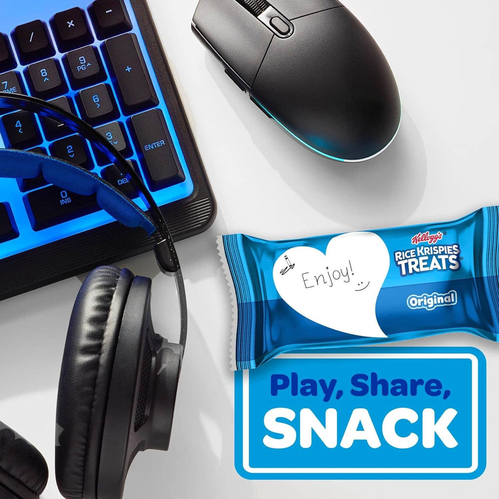 Blue cereal bar wrapper with “Enjoy!” note and “Play, Share, SNACK” text