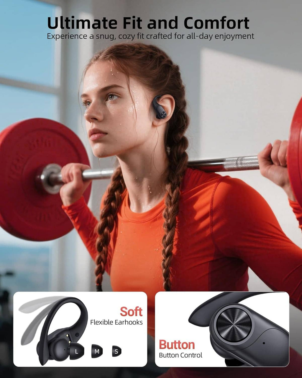 Black wireless earbuds in-ear on a woman, comfort fit with charging case shown