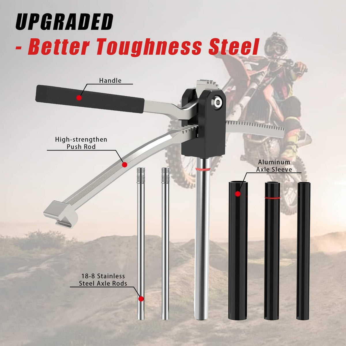 Upgraded tire changing tool with black handle, steel push rod, and axle rod set