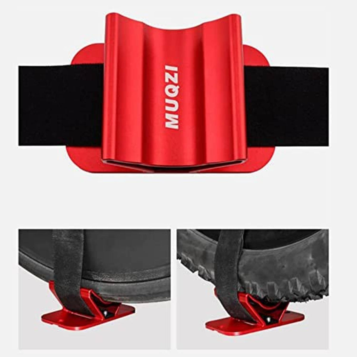 Red bike fork support with black strap showing attachment points
