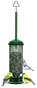 Mini squirrel-proof bird feeder with mesh cylinder and four metal perches, green base