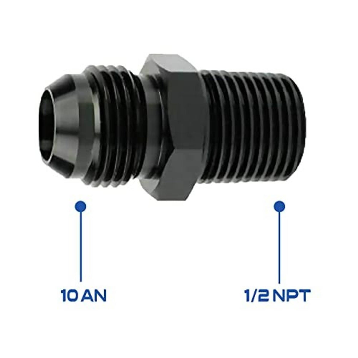 10AN to 1/2 NPT male threaded adapter, black finish, hex fittings on both ends