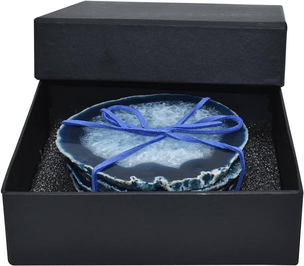 Blue agate geode coaster set in black gift box, stacked and tied with blue ribbon