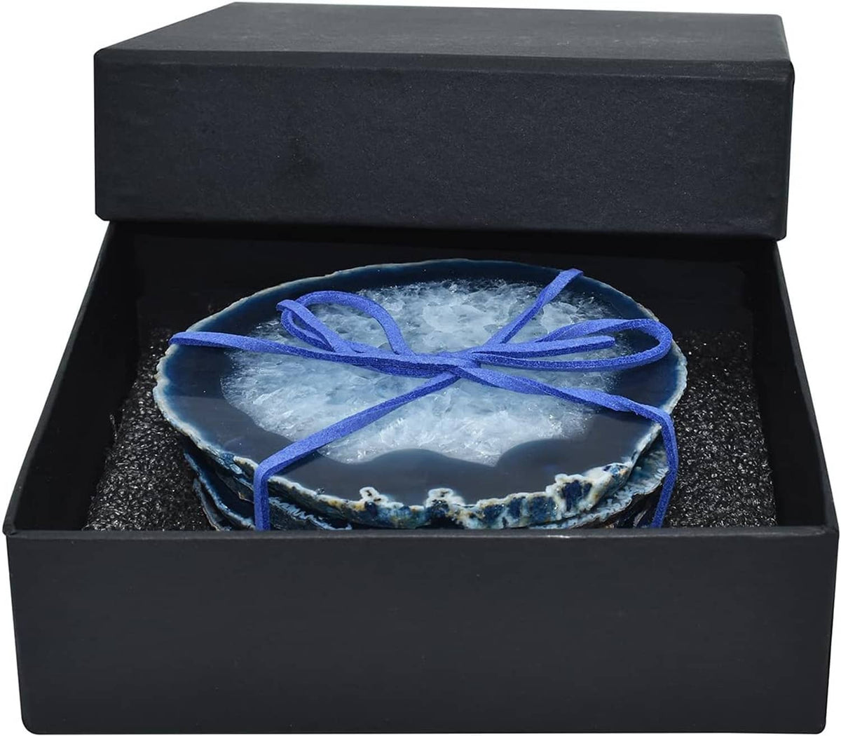 Blue agate geode coaster set in black gift box, stacked and tied with blue ribbon