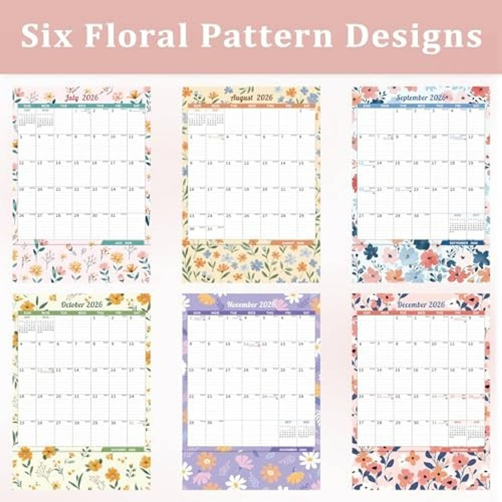 Set of six floral pattern wall calendar designs, monthly grids with floral borders