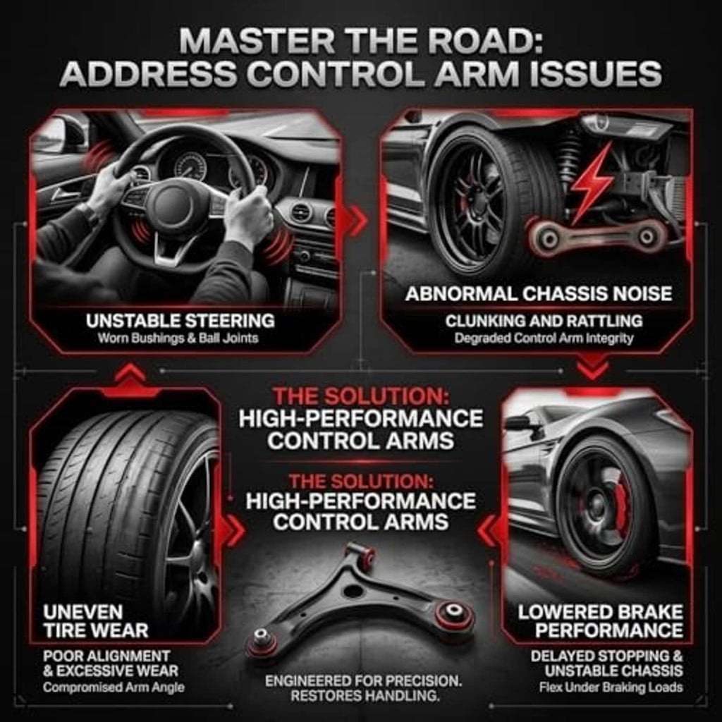 Control arm issues and solutions infographic with alignment and handling diagrams
