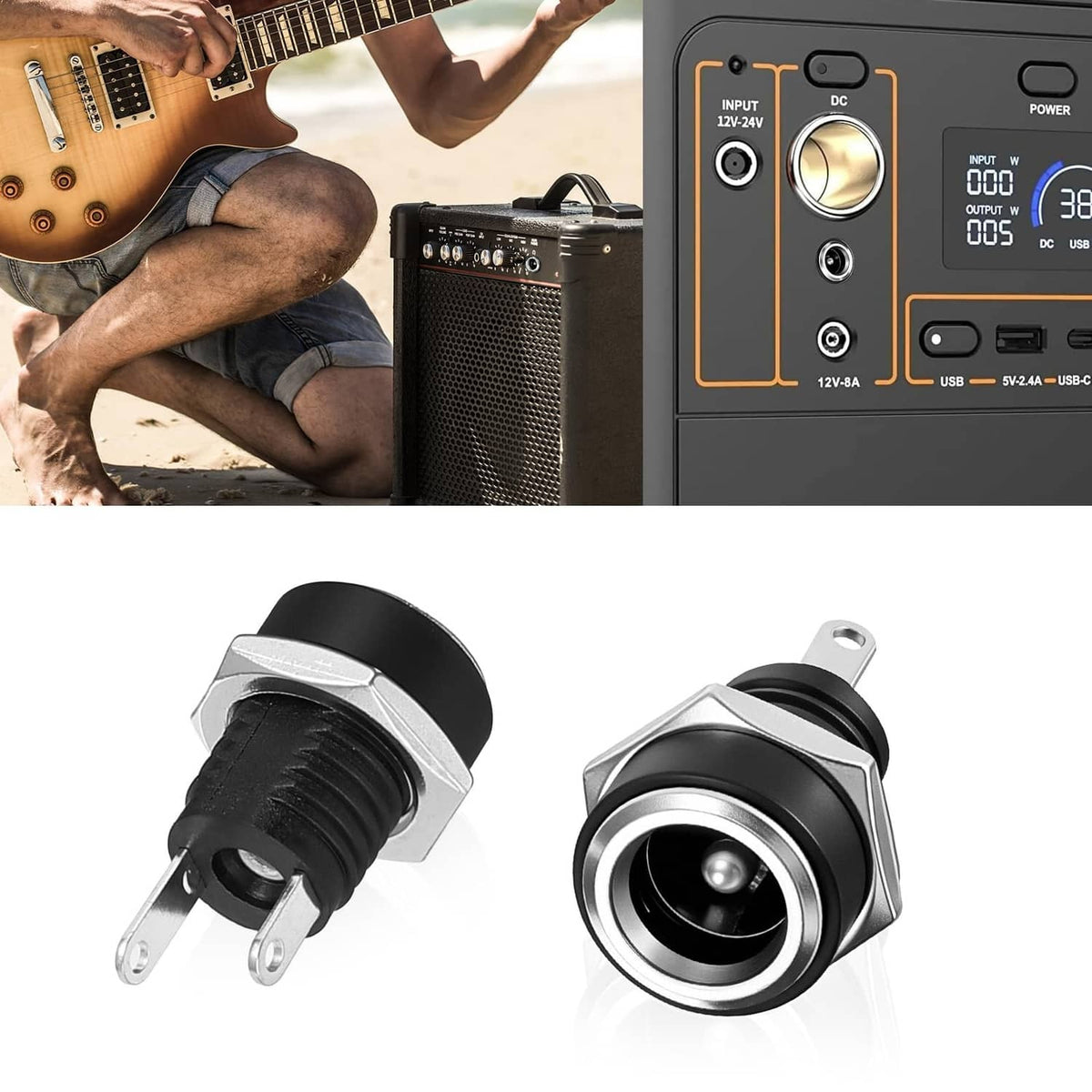 Black 5.5x2.1mm DC panel-mount power jack connectors with metal mounting brackets