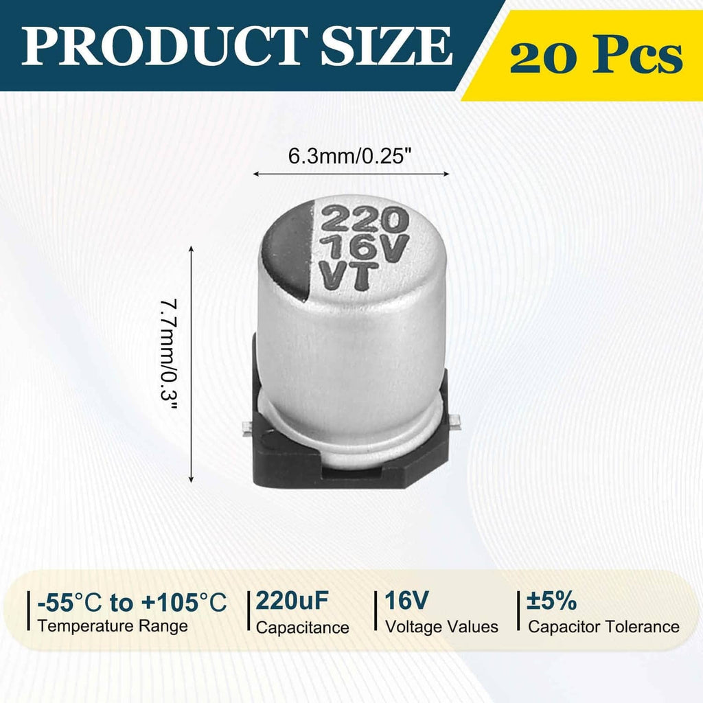 Aluminum electrolytic capacitor can marked 220 16V on black mounting base