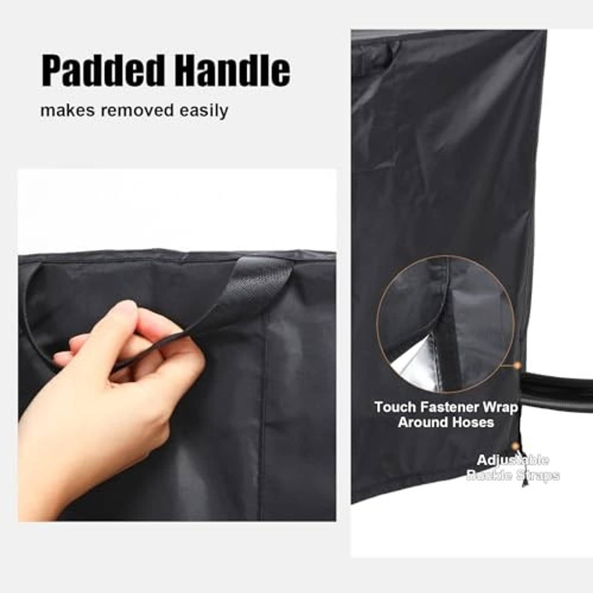 Black air conditioner cover with padded handle; touch-fastener wrap and adjustable straps shown.
