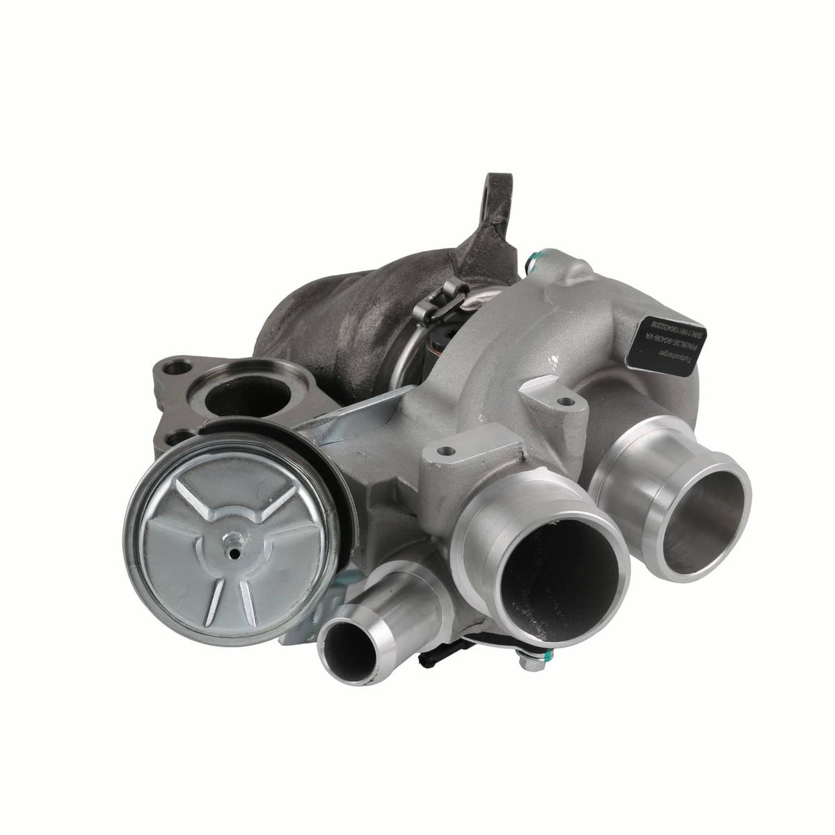 Right-hand turbocharger assembly with round compressor cover and dual inlet pipes