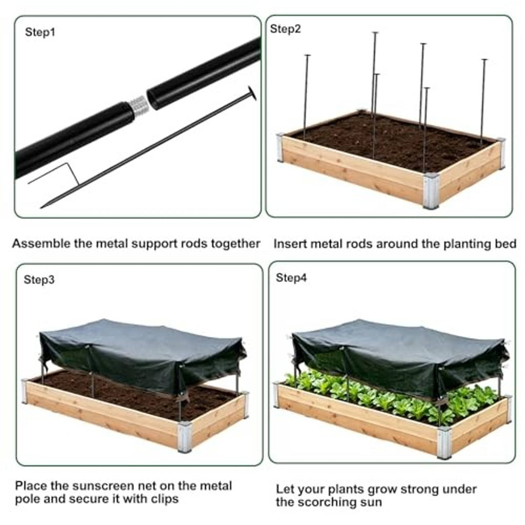 Garden shade net kit assembly with metal rods, net canopy, and clips