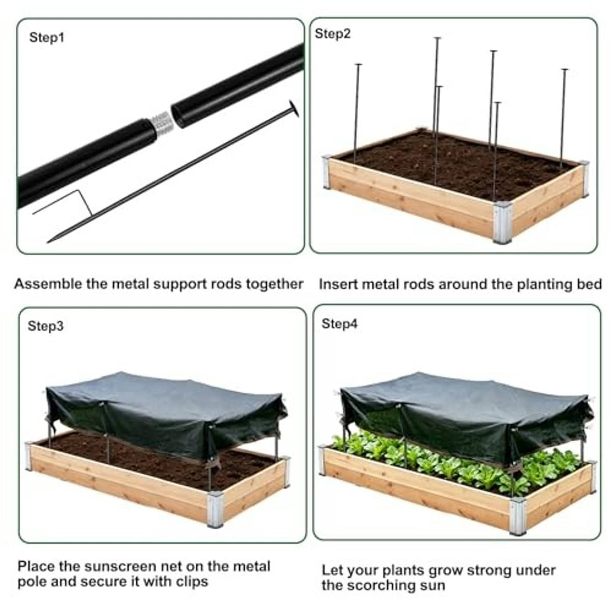 Garden shade net kit assembly with metal rods, net canopy, and clips