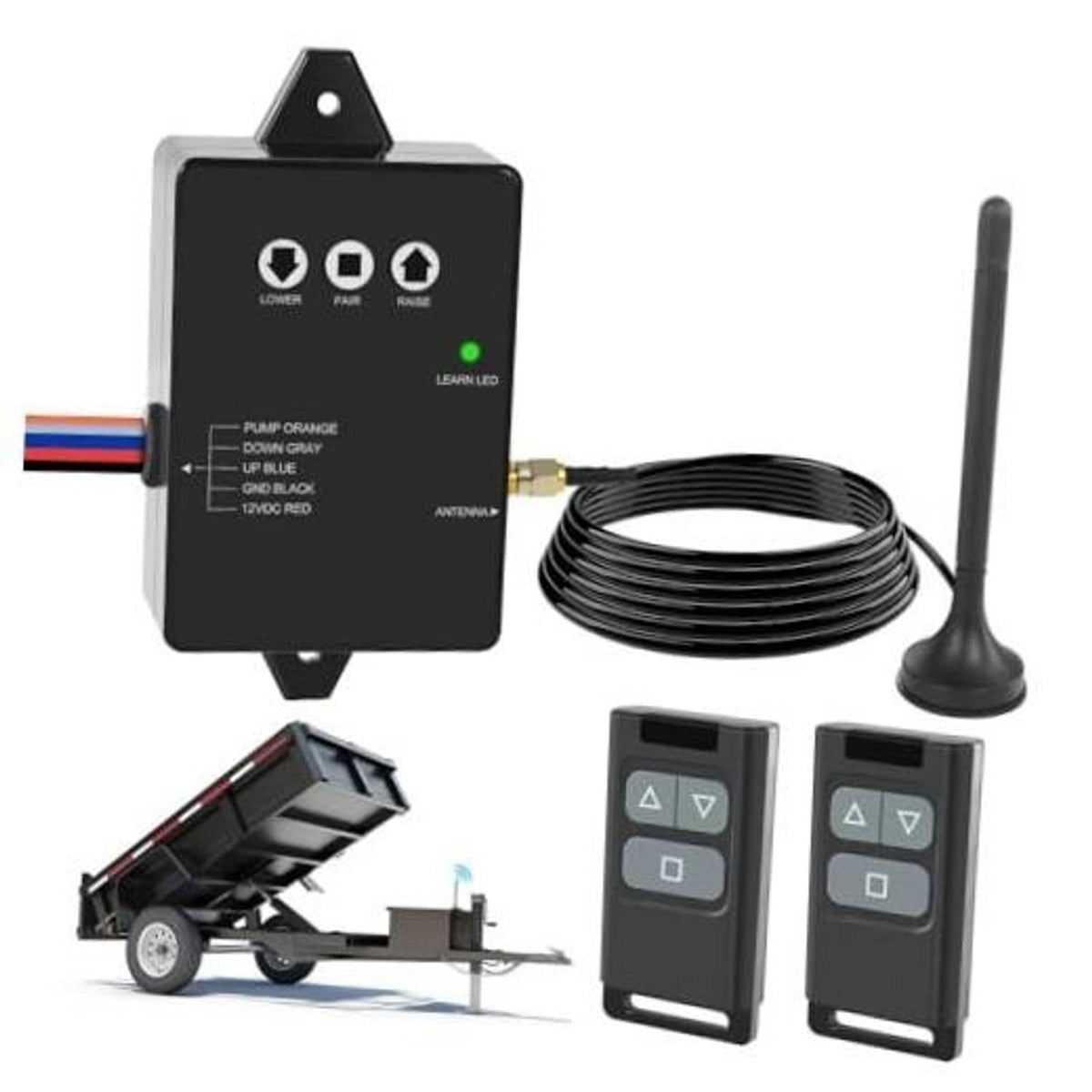 Wireless dump trailer remote receiver with coil antenna and two handheld remotes