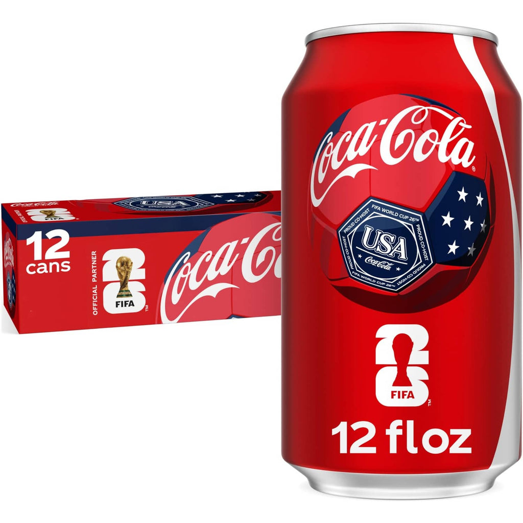 Coca-Cola Original Taste soda can, 12 fl oz, red can with FIFA logo and USA badge