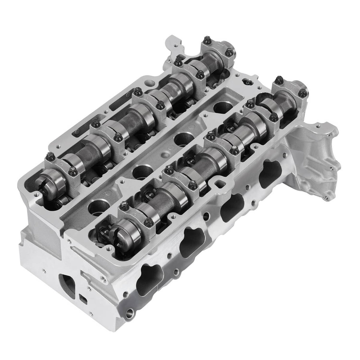 Cylinder head angled view showing camshafts and valve lifters, silver metal