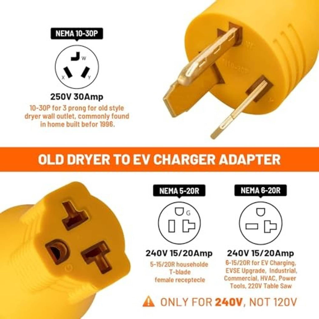 Yellow NEMA 10-30P adapter plug with prongs and compatibility diagram on packaging